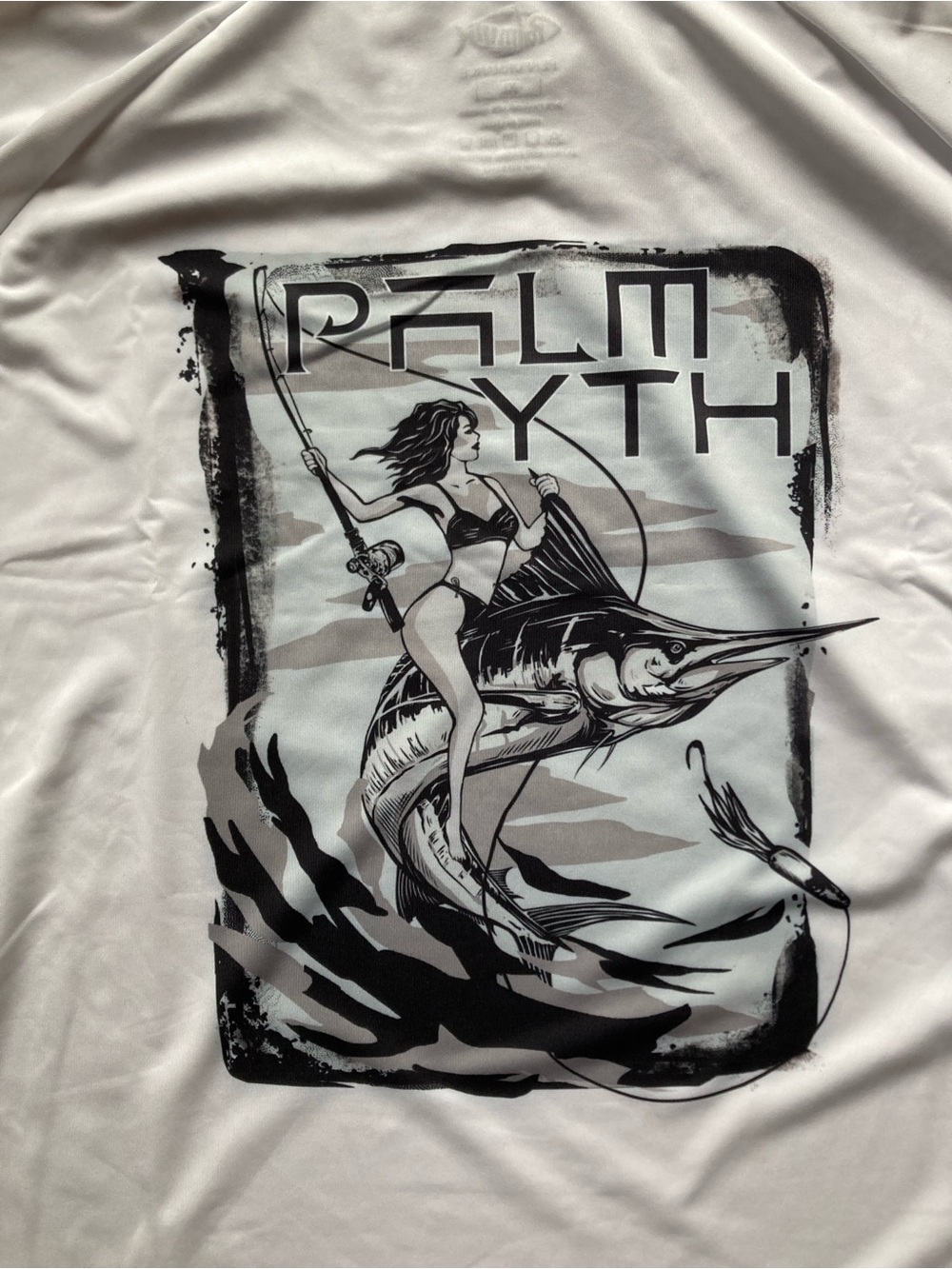 Palmyth Performance White Fishing Hoodie Shirt Mens XL UPS 50+ Woman Swordfish